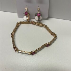 925 Silver gold plated fuchsia bracelet and earrings Jewelry Set